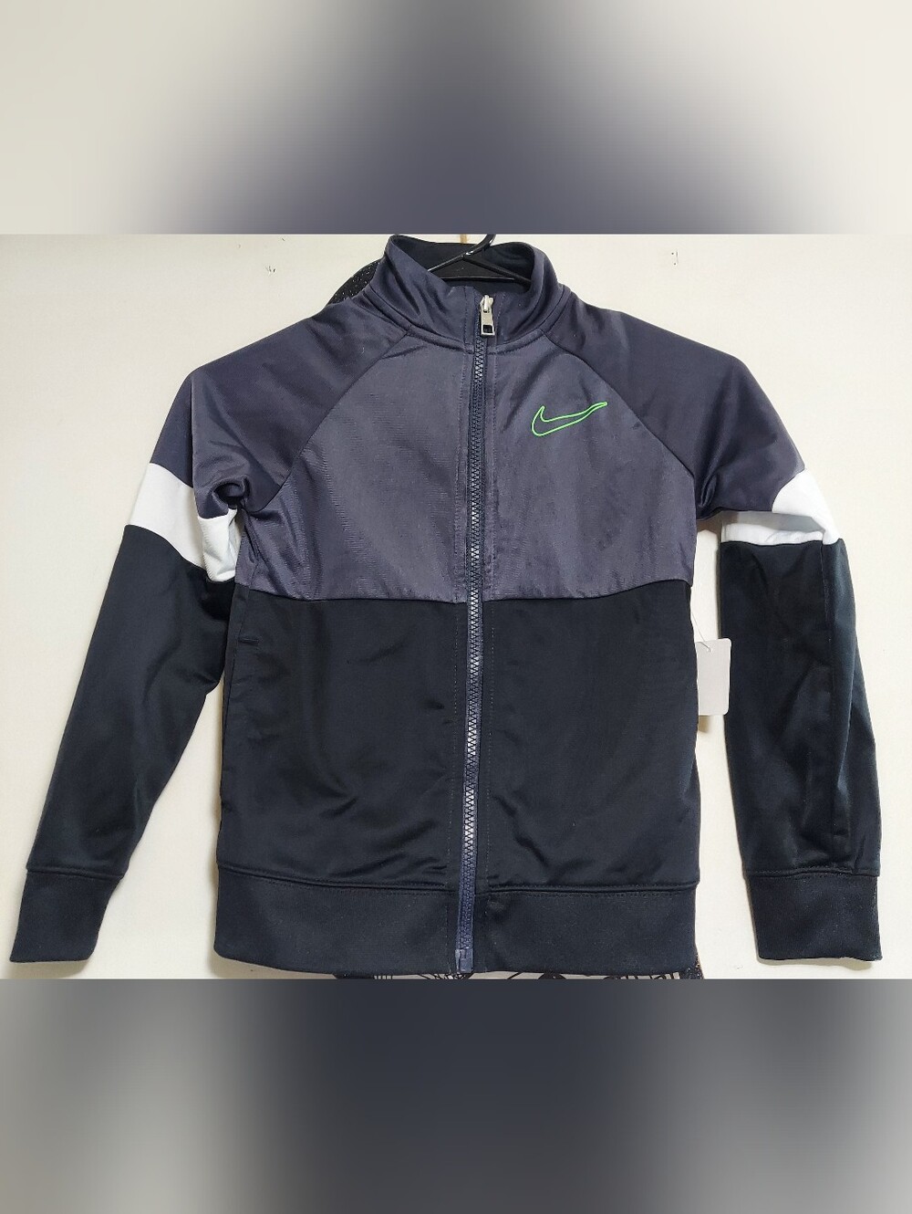 Nike Kids Black, Gray & White Colorblock Zip-Up Jacket with Green Swoosh